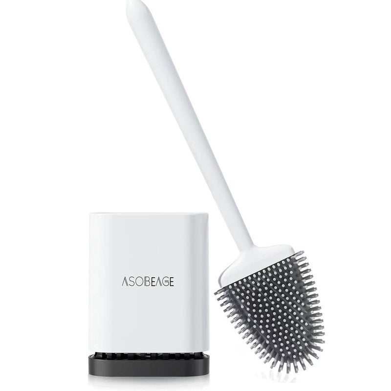 ASOBEAGE Deep Cleaner Toilet Brush: Silicone Toilet Brush with No-Slip Long Plastic Handle and Flexible Bristles, Quick Drying Holder Set for Toiletï¼ˆWhiteï¼‰ - Image 1